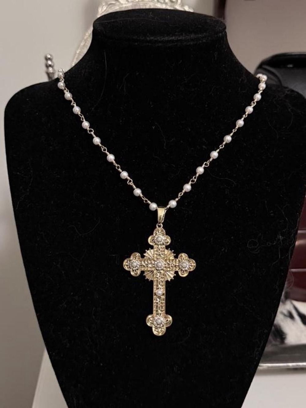 Gold Cross Pendant Necklace with Pearl Bead Chain